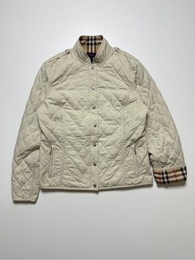 Burberry Golf Quilted Nova Check Lined Buttonup Zip Jacket Womens Large Tan